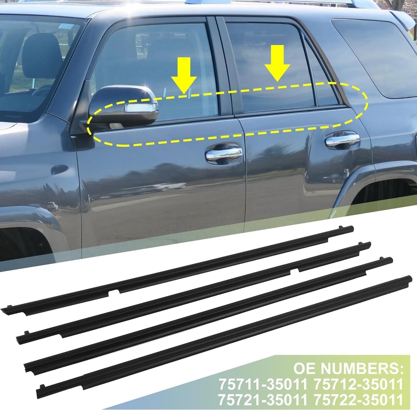 Genuine TOYOTA 10-22 OEM 4RUNNER Door Belt Molding Weatherstrip Front Rear 4pcs