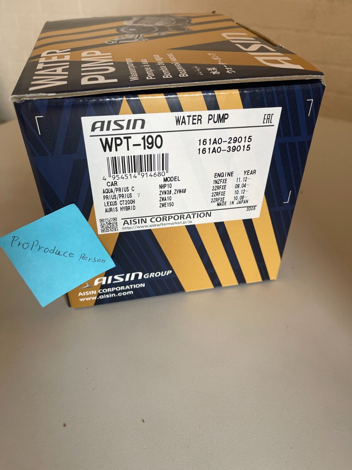 Toyota Genuine Prius Aisin Water Pump WPT-190 ZVW30/ZVW35 161A0-29015 Japan New
