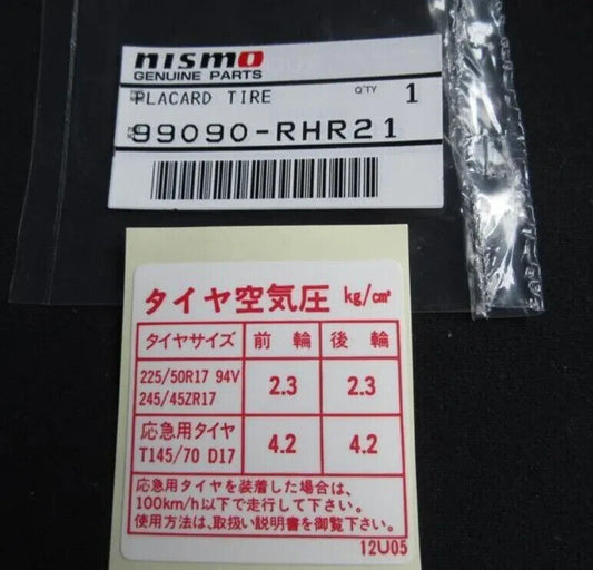 Genuine NISMO PLACARD-TIRE LIMITS  For Skyline GT-R BNR32 RB26DETT 99090-RHR21